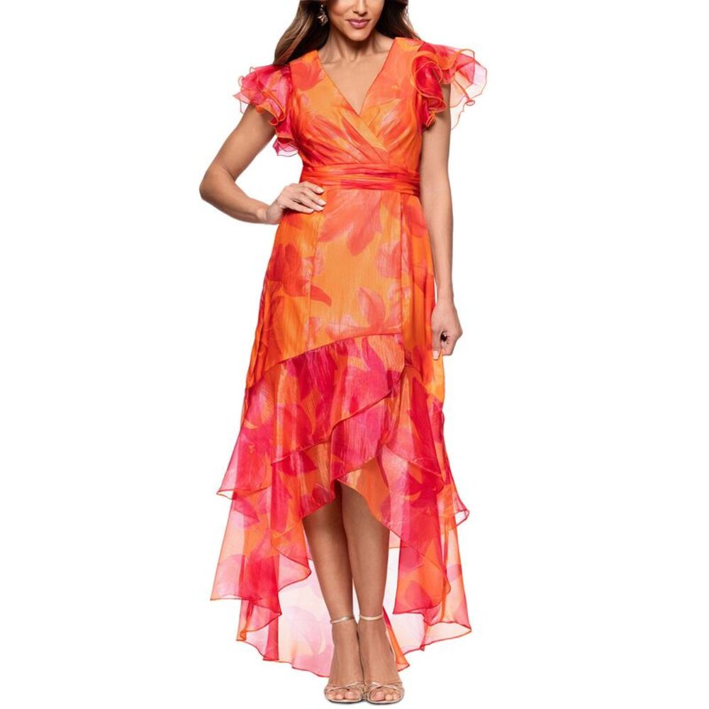 Xscape Womens Petite Metallic Flutter-Sleeve Ruffle-Trim Dress 6 Coral/Pink  NWT